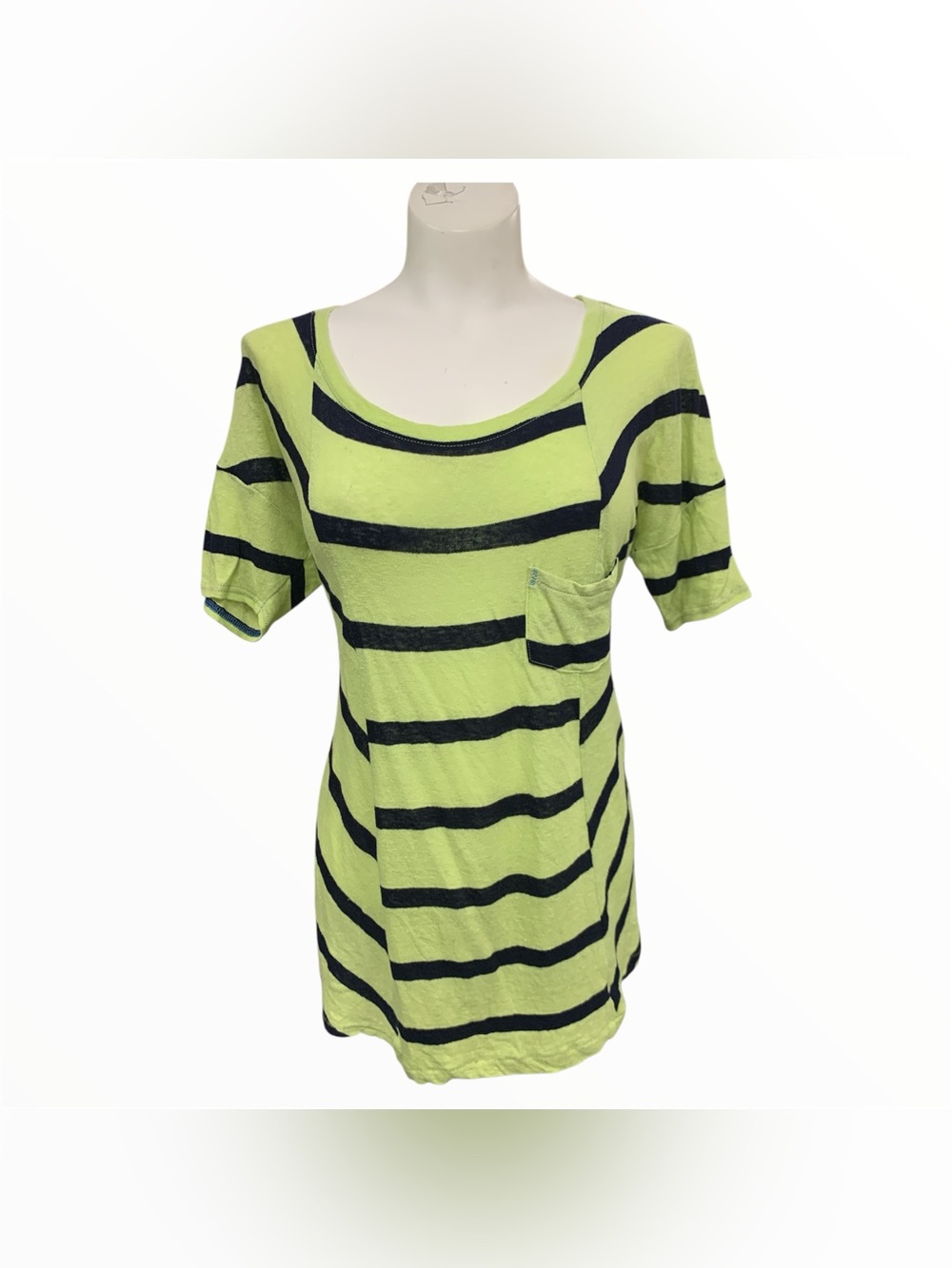 9H15 STCL Lime Green and Black Striped Scoop Neck Pocket Tee Size S